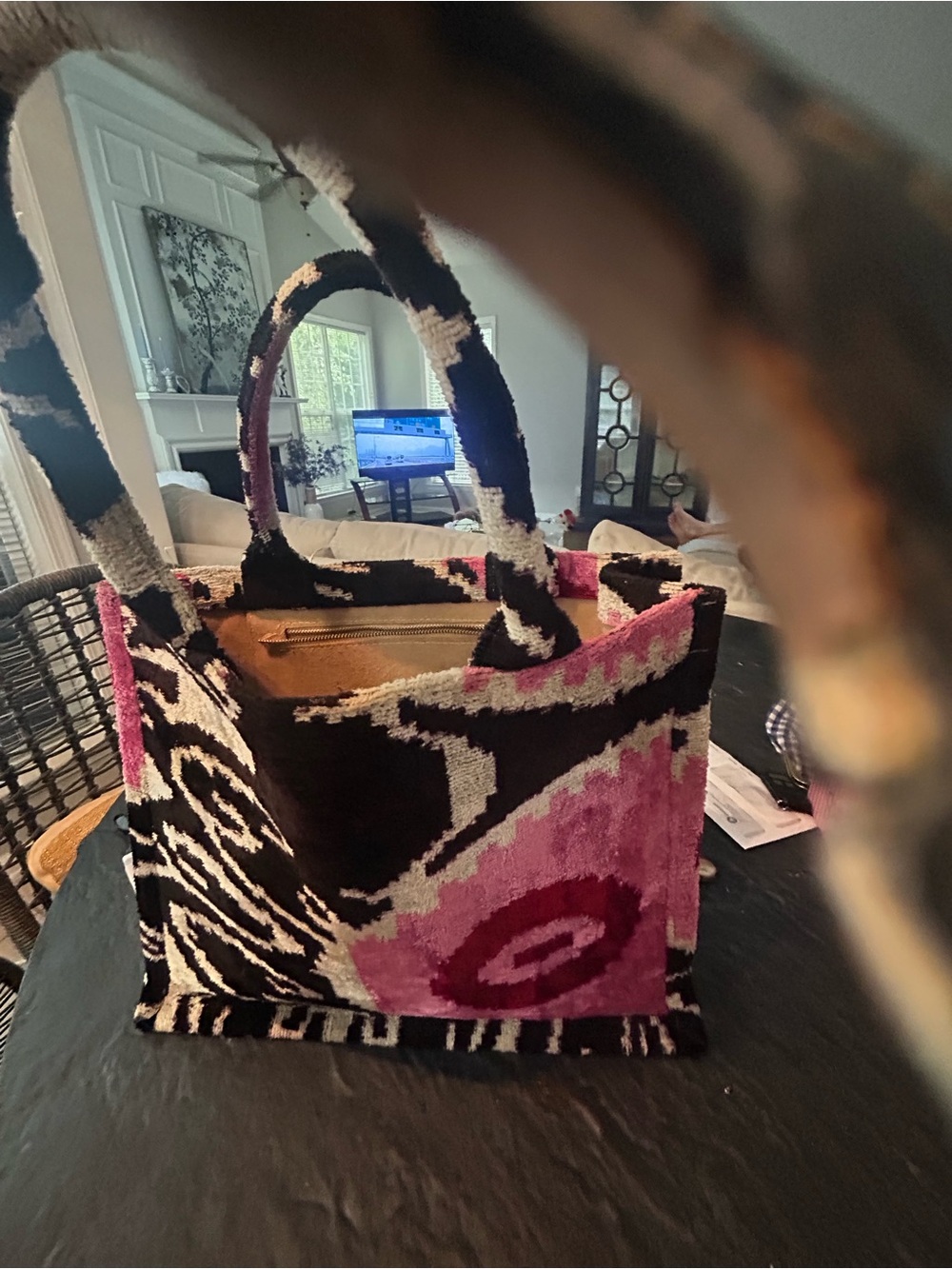 Plush Patterned Tote Bag in Pink, Black and Cream wolf and badger
